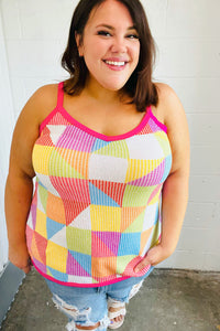 Multicolor Geometric Waffle Knit Sleeveless Top