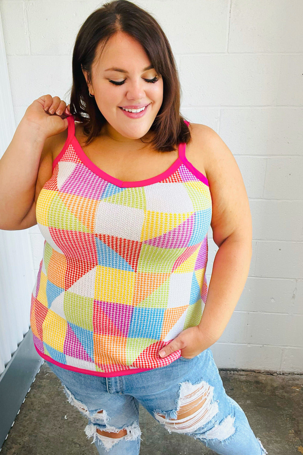 Multicolor Geometric Waffle Knit Sleeveless Top