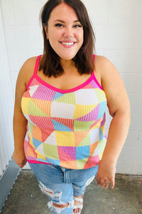 Multicolor Geometric Waffle Knit Sleeveless Top