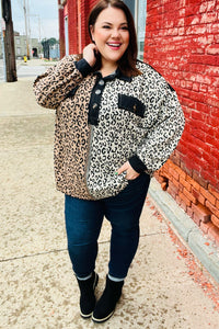 Fun Days Ahead Camel Leopard Color Block Button Down Pullover