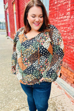 Load image into Gallery viewer, Get To Know You Black/Olive Floral Patchwork Keyhole Tie Top