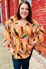 Load image into Gallery viewer, In My Thoughts Rust Abstract V Neck Peplum Top