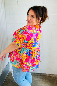 Vibrant Multicolor Drop Shoulder Floral Babydoll Top