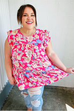 Load image into Gallery viewer, Fuchsia Floral Yoke Flutter Sleeve Keyhole Back Top