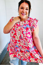 Load image into Gallery viewer, Fuchsia Floral Yoke Flutter Sleeve Keyhole Back Top