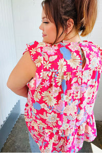 Fuchsia Floral Yoke Flutter Sleeve Keyhole Back Top