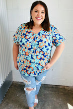 Load image into Gallery viewer, Blue &amp; Orange Retro Floral V Neck Top