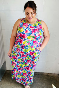 Watercolor Floral Fit and Flare Sleeveless Maxi Dress
