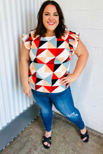 Load image into Gallery viewer, Ivory &amp; Burnt Orange Geo Print Smocked Ruffle Frill Sleeve Top