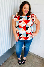 Load image into Gallery viewer, Ivory &amp; Burnt Orange Geo Print Smocked Ruffle Frill Sleeve Top