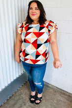 Load image into Gallery viewer, Ivory &amp; Burnt Orange Geo Print Smocked Ruffle Frill Sleeve Top