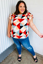 Load image into Gallery viewer, Ivory &amp; Burnt Orange Geo Print Smocked Ruffle Frill Sleeve Top