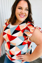 Load image into Gallery viewer, Ivory &amp; Burnt Orange Geo Print Smocked Ruffle Frill Sleeve Top