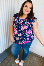 Load image into Gallery viewer, Navy &amp; Pink Floral Print Frilled Short Sleeve Yoke Top
