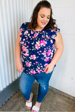 Load image into Gallery viewer, Navy &amp; Pink Floral Print Frilled Short Sleeve Yoke Top
