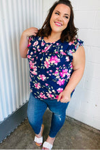 Load image into Gallery viewer, Navy &amp; Pink Floral Print Frilled Short Sleeve Yoke Top