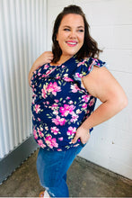 Load image into Gallery viewer, Navy &amp; Pink Floral Print Frilled Short Sleeve Yoke Top