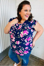 Load image into Gallery viewer, Navy &amp; Pink Floral Print Frilled Short Sleeve Yoke Top
