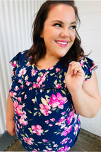 Load image into Gallery viewer, Navy &amp; Pink Floral Print Frilled Short Sleeve Yoke Top