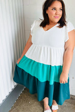 Load image into Gallery viewer, Seafoam &amp; Emerald Tiered Frill Sleeve Midi Dress
