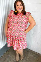 Load image into Gallery viewer, Coral Geo Boho Print Yoke Poplin Woven Dress