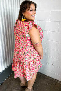 Coral Geo Boho Print Yoke Poplin Woven Dress