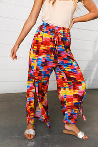 Multicolor Kaleidoscope Smocked Waist Slit Palazzo Pants