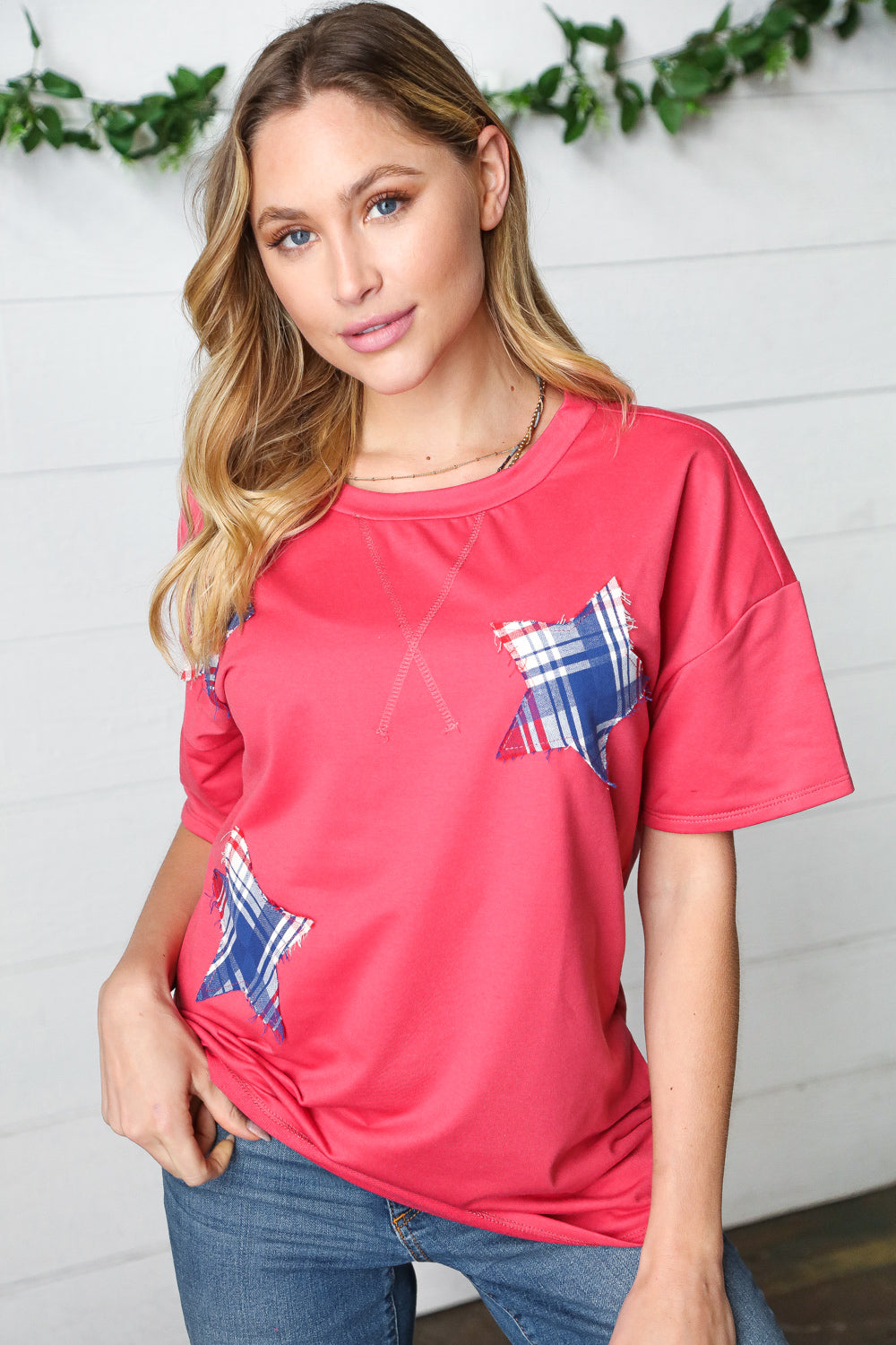 Red Plaid Star Patch Cotton Blend Top