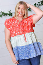 Load image into Gallery viewer, Red &amp; Blue Color Block Tiered Tie Neck Top