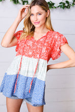 Load image into Gallery viewer, Red &amp; Blue Color Block Tiered Tie Neck Top
