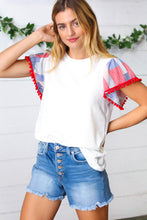 Load image into Gallery viewer, Patriotic Pom Pom Lace Flutter Sleeve Top