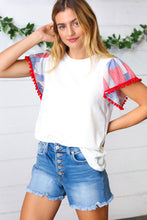 Load image into Gallery viewer, Patriotic Pom Pom Lace Flutter Sleeve Top