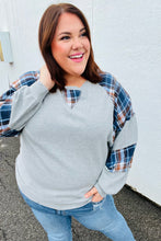 Load image into Gallery viewer, Face The Day Grey/Navy Plaid Thermal Raglan Pullover