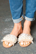 Load image into Gallery viewer, Blush Linen Fray Beaded Faux Pearl Slide Sandal
