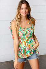 Load image into Gallery viewer, Orange &amp; Green Geometric Smocked Shoulder Tie Top