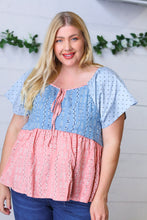 Load image into Gallery viewer, Blue &amp; Pink Polka Dot Floral Tie Front Babydoll Top