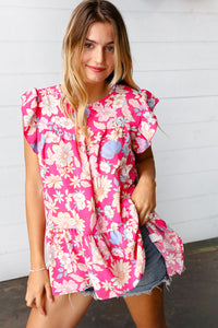 Fuchsia Floral Yoke Flutter Sleeve Keyhole Back Top