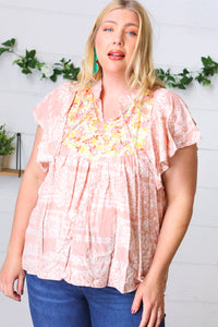 Blush Paisley Floral Yoke Tie Neck Top