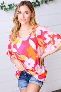 Peach & Pink Floral Dolman Ruffle Frill Sleeve Blouse