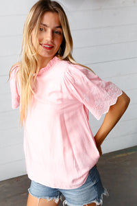 Soft Pink Mock Neck Embroidered Woven Top