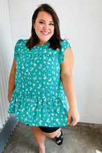 Load image into Gallery viewer, Teal Floral Yoke Flutter Sleeve Keyhole Back Top