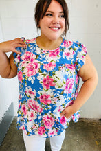 Load image into Gallery viewer, Cornflower Blue Floral Yoke Flutter Sleeve Keyhole Back Top