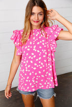 Load image into Gallery viewer, Hot Pink Floral Mock Neck Double Flutter Sleeve Top