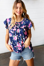 Load image into Gallery viewer, Navy &amp; Pink Floral Print Frilled Short Sleeve Yoke Top