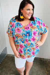 Pink & Blue Floral Print Woven Top