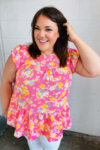 Load image into Gallery viewer, Pink Floral Yoke Flutter Sleeve Keyhole Back Top