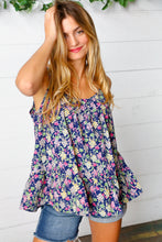 Load image into Gallery viewer, Navy Floral Ruffle Hem Sleeveless Top