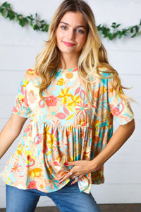 Peach & Aqua Floral Babydoll Top