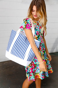 Navy Blue Stripe Structured Large Canvas Tote