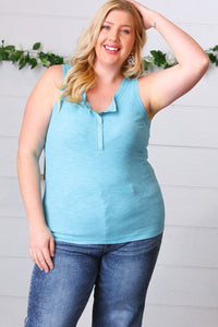Ice Blue Cotton Rib Henley Button Down Tank Top